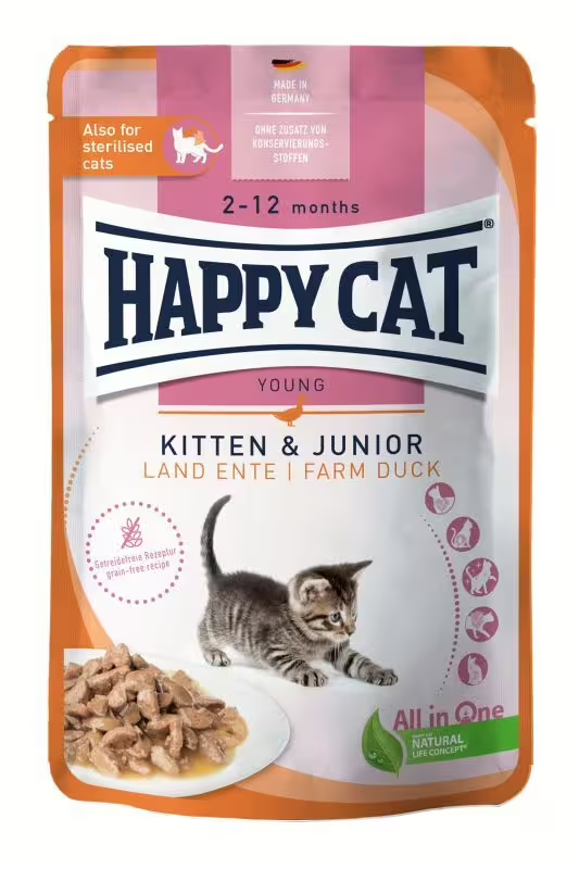 Happy Cat Meat in Sauce Aliment Humide Chat - Kitten & Junior Farm Duck 85g