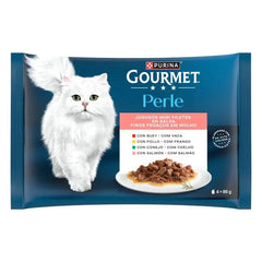 PURINA® GOURMET® Perle ALIMENT HUMIDE CHAT fines tranches de sauce avec bœuf, poulet, lapin et saumon 4x85G