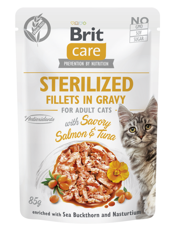 Brit Care Cat Aliment Humide Chat Sterilized. Fillets in Gravy with Savory Salmon&Tuna 85 g