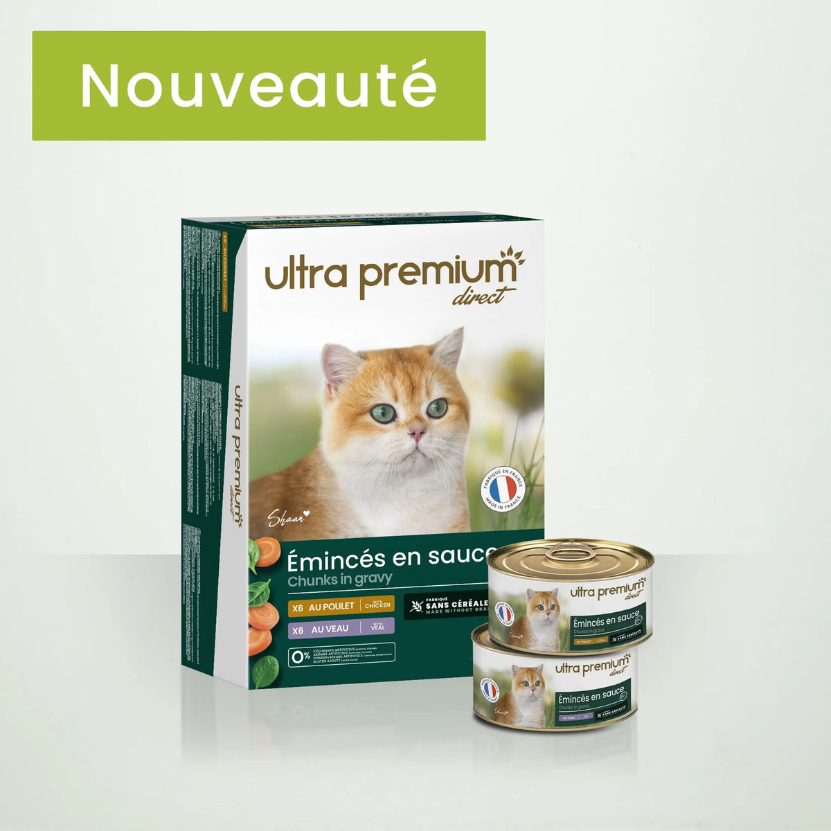 Ultra Premium Direct Boîtes d'émincés en sauce Aliment Humide Chat sans céréales - Au Poulet et au Veau 85 G