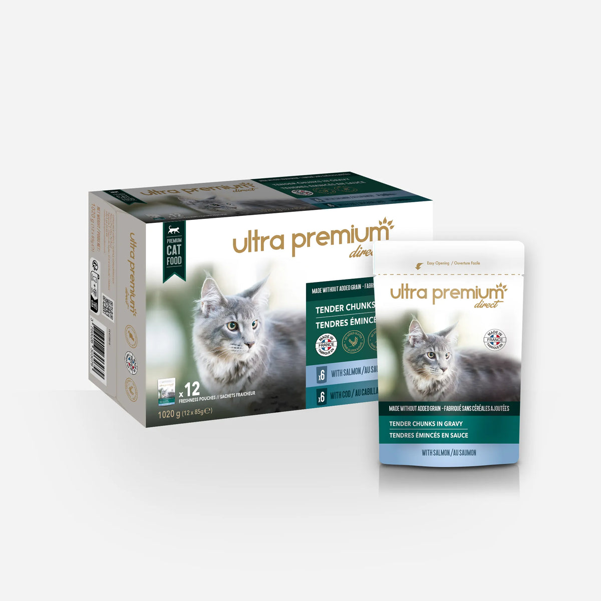 Ultra Premium Direct Sachets Fraîcheur pour Chat Sans Céréales 85G - Tendres Emincés en Sauce Saumon / Cabillaud