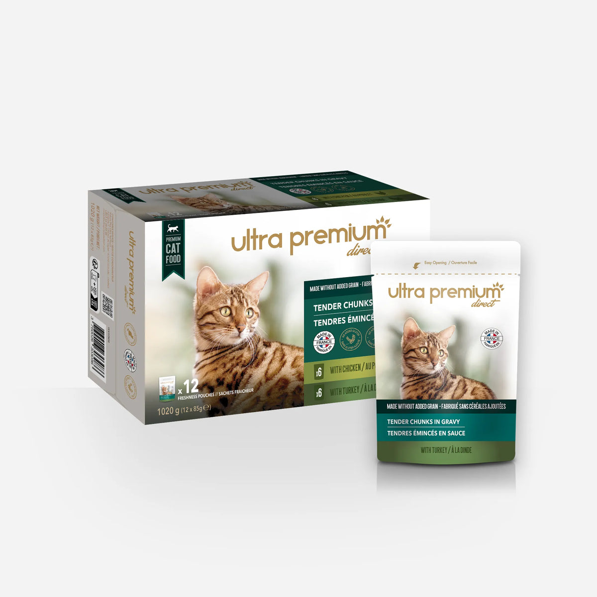 Ultra Premium Direct Sachets Fraîcheur pour Chat Sans Céréales 85G - Tendres Emincés en Sauce Poulet / Dinde