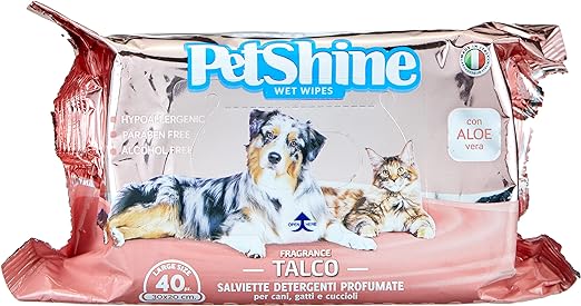 Lingettes Petshine- talc en poudre d’aloès- pour Chiens et Chats (40pcs)