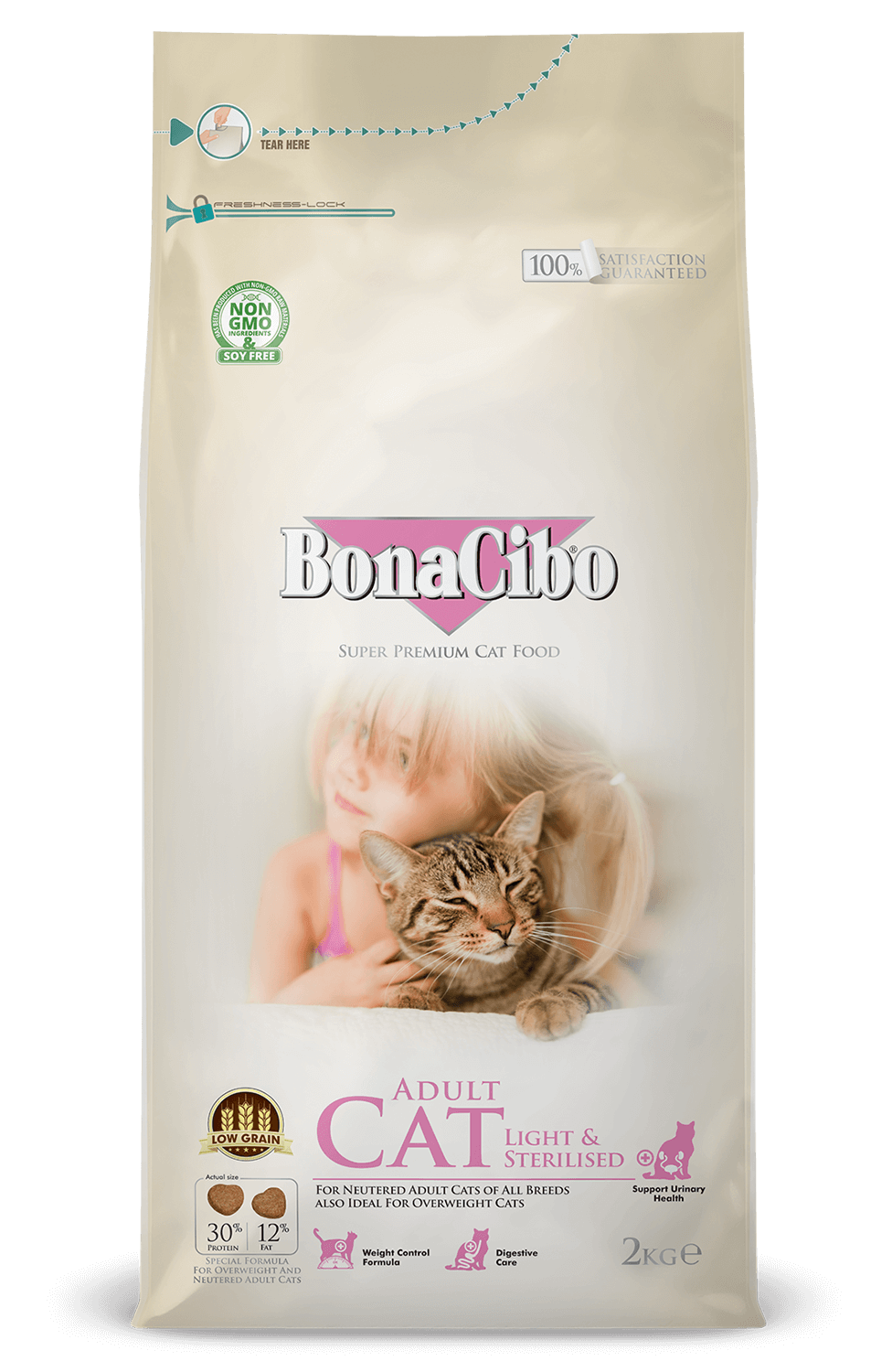 Bonacibo Aliment Sec pour Chat Low Grain Light/Stérilisés poulet 2 Kg
