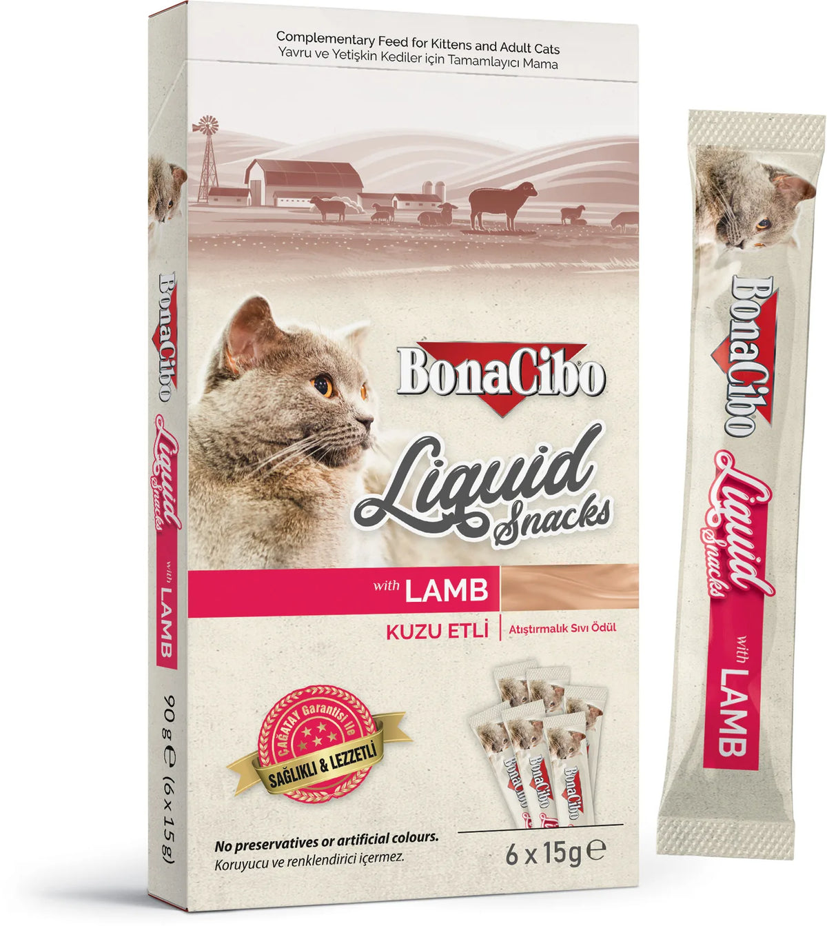 Bonacibo Snack Liquide Premium pour chatons et chats adultes à l’agneau 15 gr * 6