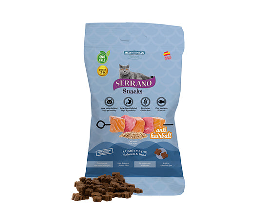 Serrano Snacks pour chats Saumon &amp; Thon Anti hairball 50g