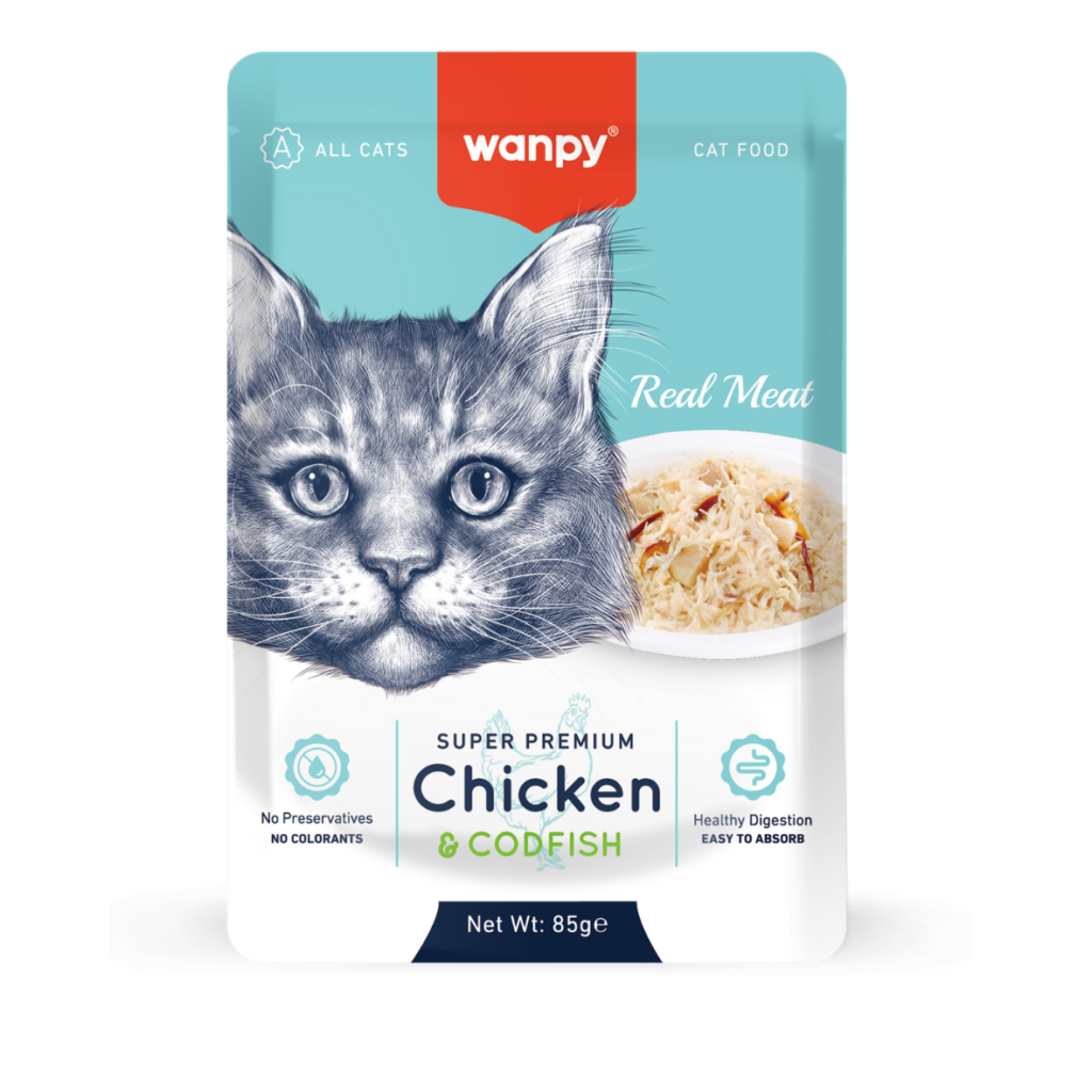 Wanpy Aliment Humide Chat Filet en gelée - Poulet & Morue 85 G