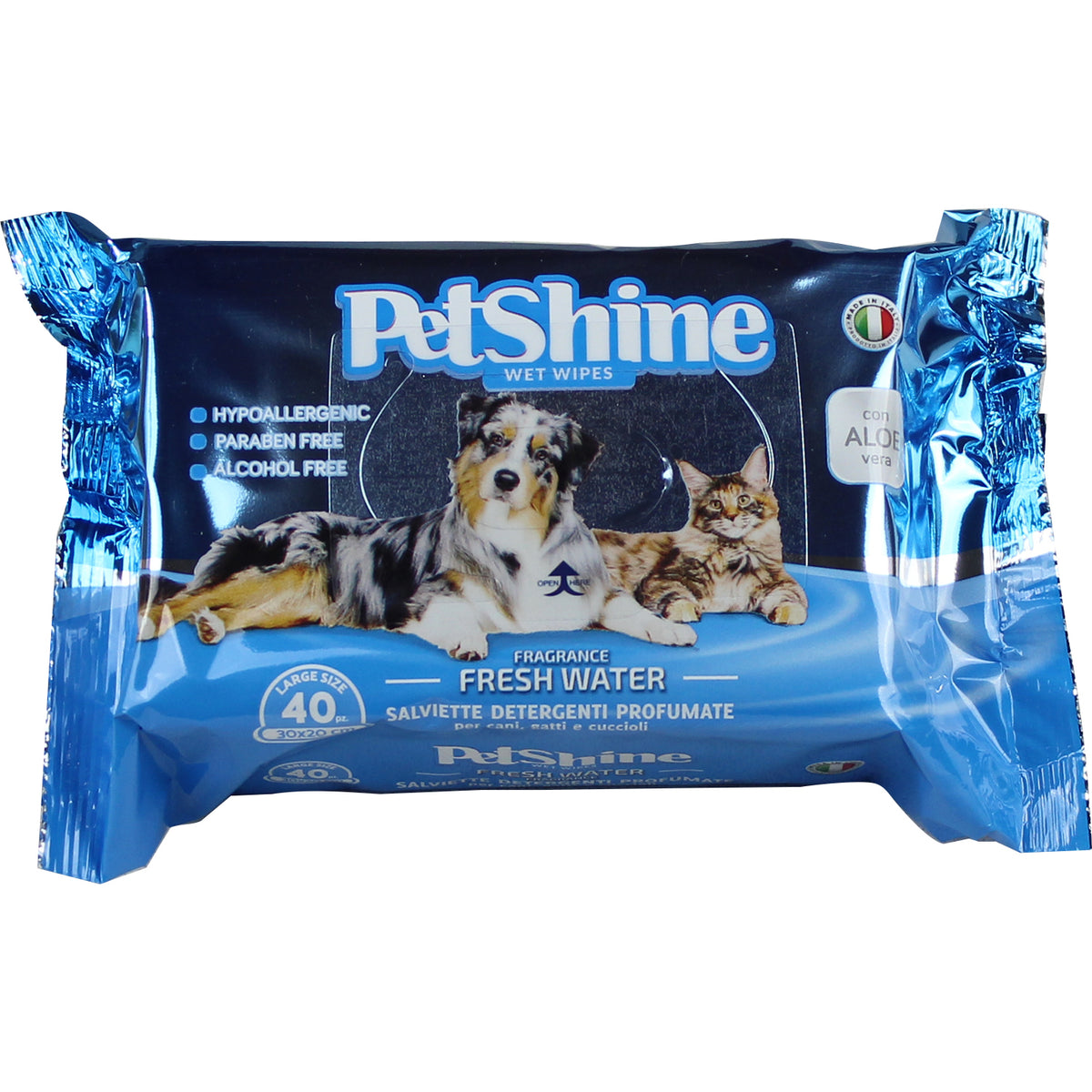 Lingettes Petshine-Eau Duoce en poudre d’aloès- pour Chiens et Chats (40pcs)