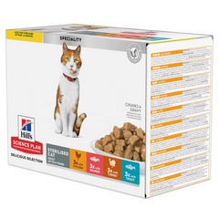 Hill's Science Plan Aliment Humide Chat Adulte Stérilisé (1-6) - au Poulet, à la Truite, à la Dinde, au Saumon (4x3pcs)(12x85g)