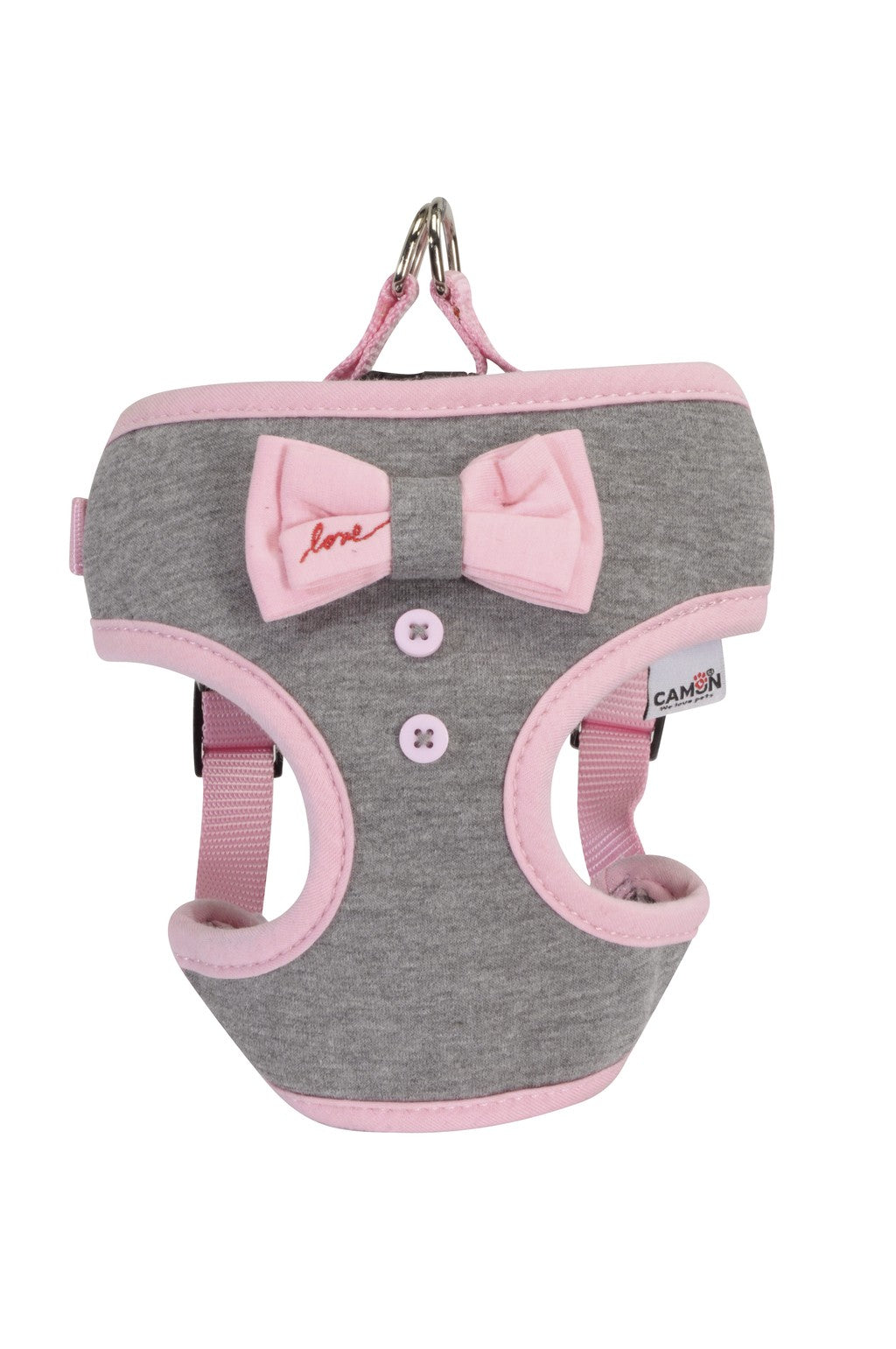 Gray harness with pink “Love” bow